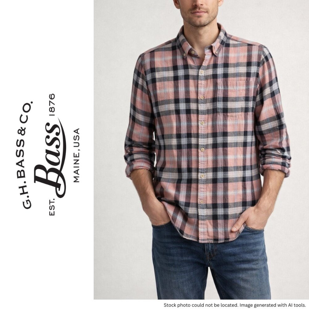 G.H. Bass & Co. Men's Medium Pink Blue White Plaid Cotton Button Down Shirt